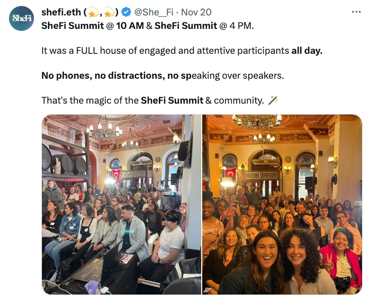 SheFi social post describing a full house throughout the summit, with audience and group photos