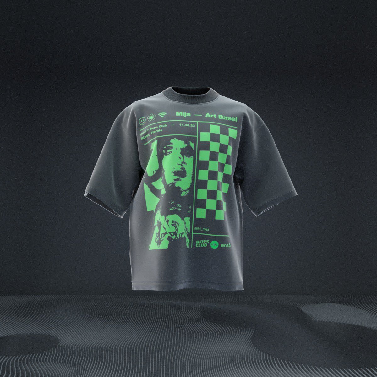 Black Mija and Ensō Art Basel shirt with neon green graphics
